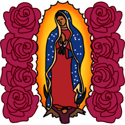 a drawing of Our Lady of Guadalupe, with red roses on either side of her.